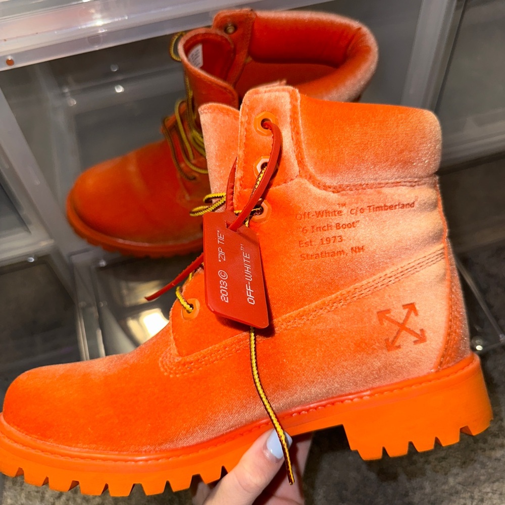 Off White Orange Velvet Timberland Boots